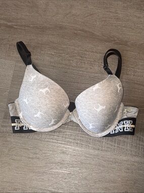 Victoria's Secret PINK Heather Gray & Black Logo Molded Push-Up Bra Sz 32B